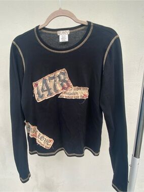 Y2K Riley Black & Tan Graphic Patchwork Henley Top Size Medium